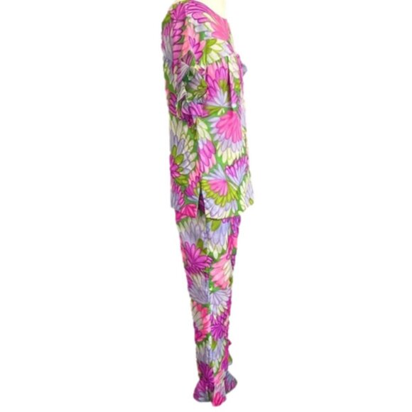 Vintage 60s Pink Purple Floral Hippie Short Sleeve Ruffled Pant Suit - XS/24" - Picture 9 of 16